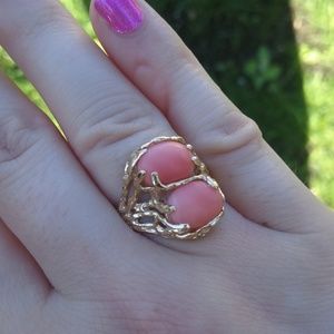 Coral and 14k gold two stone ring